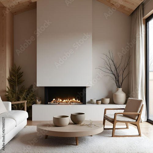 

modern organic designer LIVING room with beautiful stoneware tableware, interior design, japandi, neutral colors, cozy, fireplace, christmas decor