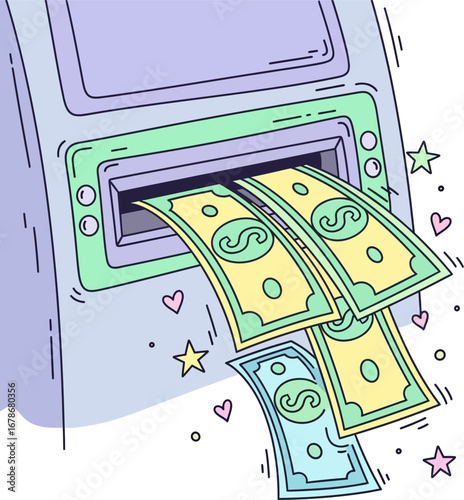 ATM dispensing cash, pastel colors, happy design, money flowing out EPS/AI/PNG/JPEG