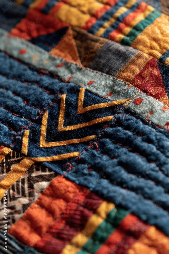 Fototapeta premium Vintage quilted textile with geometric patterns in warm colors