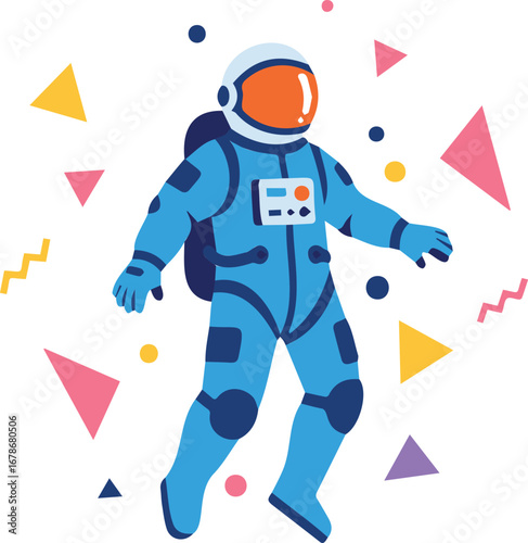 Dynamic astronaut floats among colorful abstract shapes, exploring the cosmos with wonder and excitement