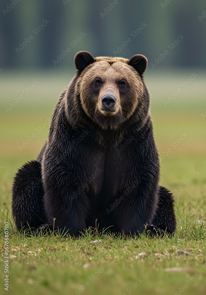 Fototapeta premium Brown Bear Sitting in Grassy Field