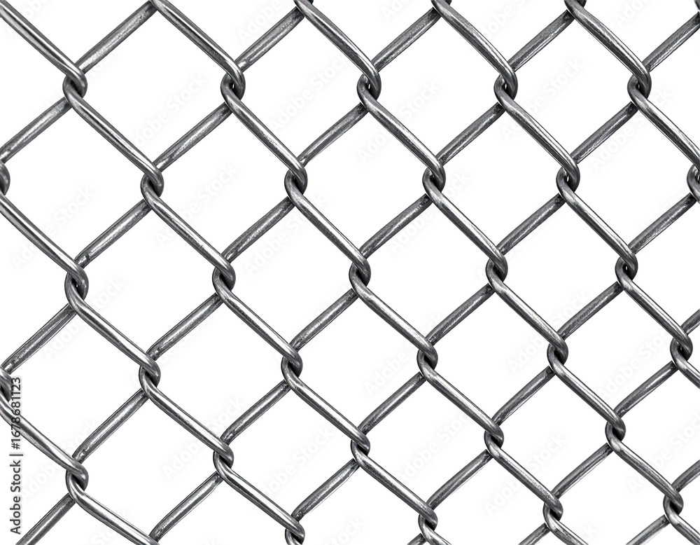Naklejka premium A section of sturdy iron chain-link mesh, isolated on a white background, representing security, boundaries, and industry.
