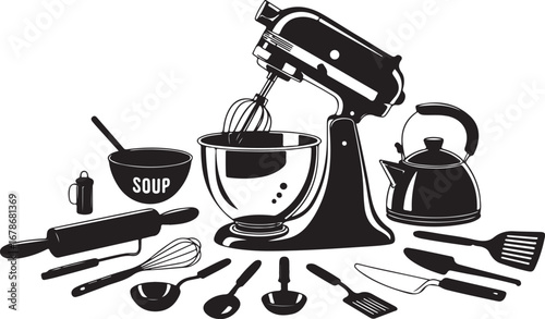 A monochrome vector emblem with a chef's hat and mustache surrounded by kitchen and coffee utensils for a restaurant logo