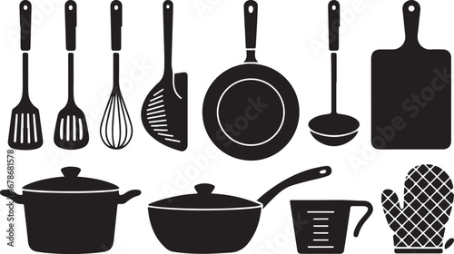 A comprehensive set of monochrome icons for the kitchen, featuring cooking utensils, tableware, food, and drink items