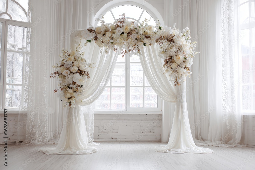 Elegant white archway adorned with cream roses and soft drapes, by a large window Elegant white archway adorned with cream roses and soft drapes, by a large window