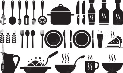 A set of monochrome vector silhouettes and abstract sun symbols for a variety of scientific or decorative applications