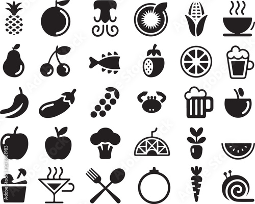 A set of monochrome vector icons featuring various cocktail glasses with different shapes, decorations, and drink accessories