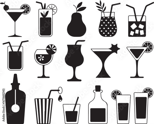 An extensive collection of black and white vector silhouettes of various cocktail glasses, bottles, and drink accessories for a bar