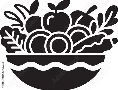 A black and white vector silhouette of a picnic basket filled with fresh fruit, and a gourd