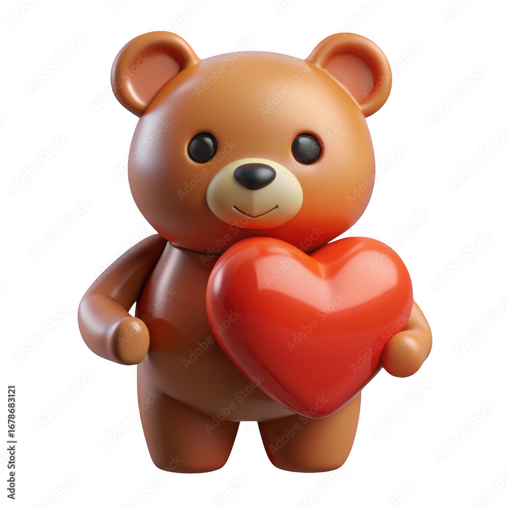 Obraz premium Cute 3d rendered teddy bear holding a shiny red heart isolated on transparent background