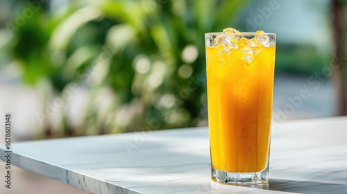 Refreshing orange drink in glass with ice, outdoor setting