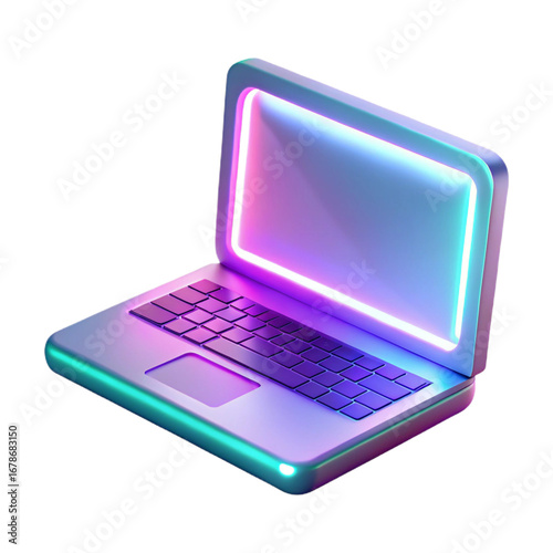 Isometric 3d render of a laptop with neon lights isolated on transparent background