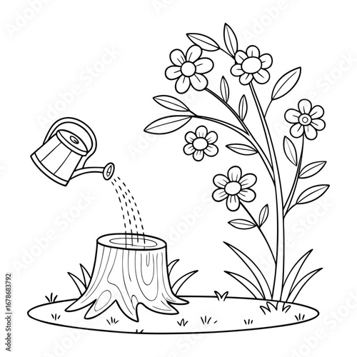 Watering Can with Tree Stump and Blooming Flowers – Eco-Friendly Line Art Illustration