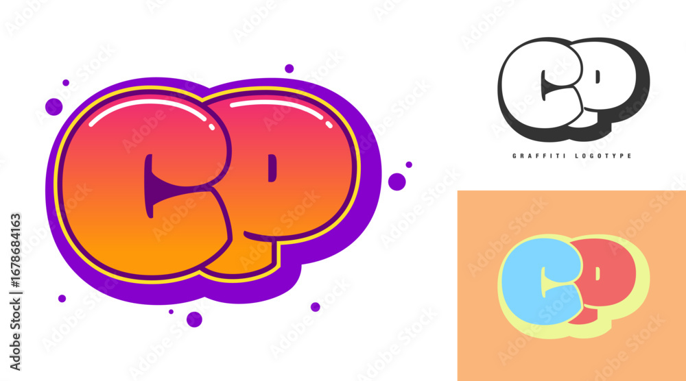Fototapeta premium CP logo design for festival or party. Initial letter c and p in graffiti style. Creative modern lettering company name of font typography. Kids trendy logotype or identity.