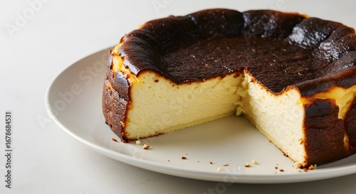 Burnt Basque Cheesecake with Slice Removed on White Plate, Creamy Dessert