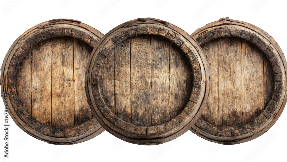Fototapeta premium Three aged wooden barrels, close-up