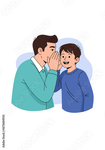 Dad whispering secret to smiling son, bonding moment of father and child sharing fun news together