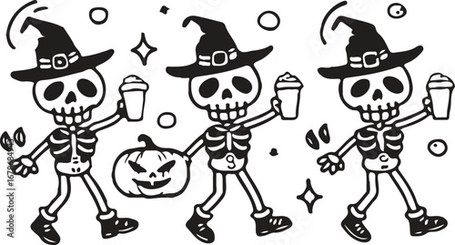 Three happy cartoon skeletons wearing witch hats dancing and holding drinks with a jack o lantern pumpkin for halloween