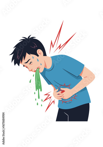 Boy experiencing stomach pain and vomiting due to illness or food poisoning, symptoms of sickness and nausea