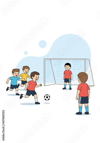 Excited kids playing soccer together in a friendly match having fun outdoors on a bright day