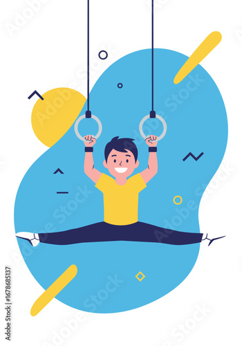Excited gymnast performing split on rings with vibrant backdrop, perfect for gymnastics school promotion
