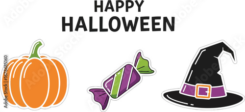 Happy Halloween set of cute cartoon icons for holiday celebration and decoration, vector illustration