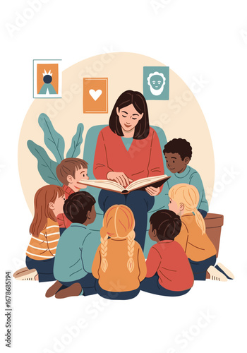 Teacher reading a captivating story to diverse group of children during circle time learning activity