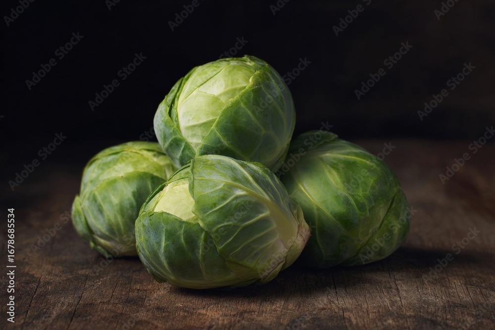 Fototapeta premium Rugged brussels sprouts resting on rustic wood, evoking the earthy spirit of World Vegetarian Day and Samhain feasts