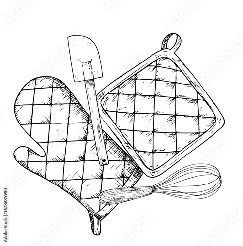 Vector pot holders, whisk, silicone kitchen spatula, glove potholder. Graphic ink Oven Mitt, kitchen tool illustration isolated on background. Hand drawn line sketch. For designers, prints, logo, icon