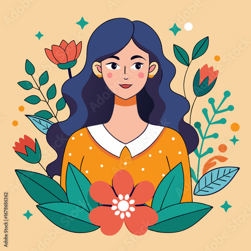Charming illustration of a woman with flowing blue hair surrounded by vibrant flowers and leaves