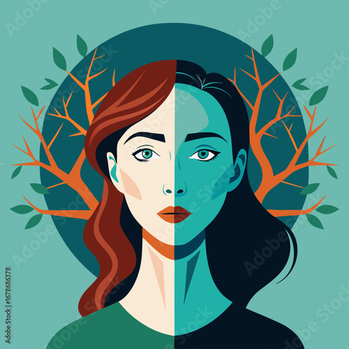 Split personality portrait of a woman with a tree symbolizing inner growth and duality