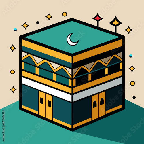 Stylized illustration of the kaaba in mecca with celestial elements and a crescent moon