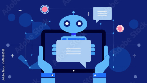 Friendly blue robot holding a tablet displaying a chat bubble with text