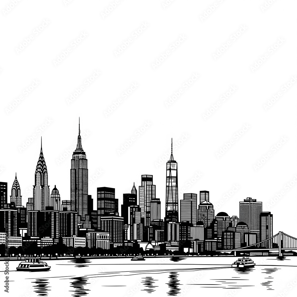 Fototapeta premium Black and White Line Art of New York City Skyline with Reflected Skyscrapers