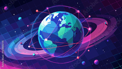 Abstract digital art of earth connected by a network of lights and rings in space