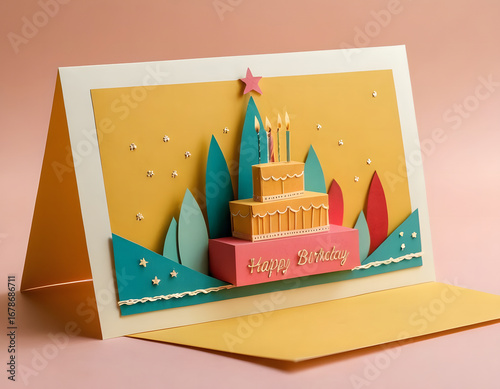 Happy birthday greeting card in colorful paper cut and craft style with text and decorative stars on bright background