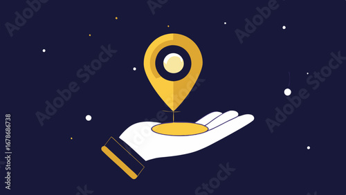 Stylized yellow location pin held in a white hand against a dark starry background