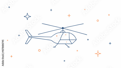 Simple line art helicopter flying amidst stars and circles in a whimsical sky