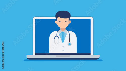 Doctor on laptop screen offering virtual healthcare consultation and medical advice