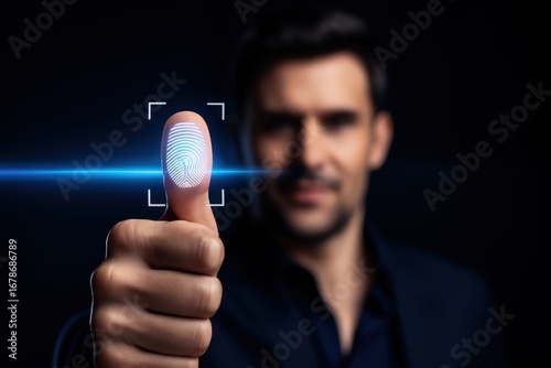 A person's thumb displays a digital fingerprint scan against a dark background.