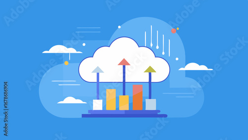 Cloud computing data analysis with upward trending bars and arrows indicating growth