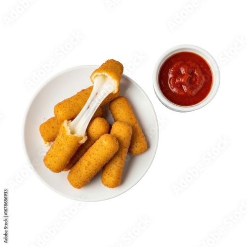 Golden-brown mozzarella sticks on a white plate with a gooey cheese pull, alongside vibrant red marinara sauce on a seamless transparent studio background. Appetizing food concept