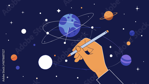 Creative hand drawing planets and stars in a flat style cosmic universe