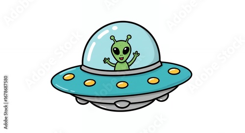 Cute cartoon alien flying spaceship illustration