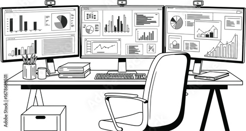 Analyze market trends with a powerful triple monitor workstation featuring insightful financial charts and graphs