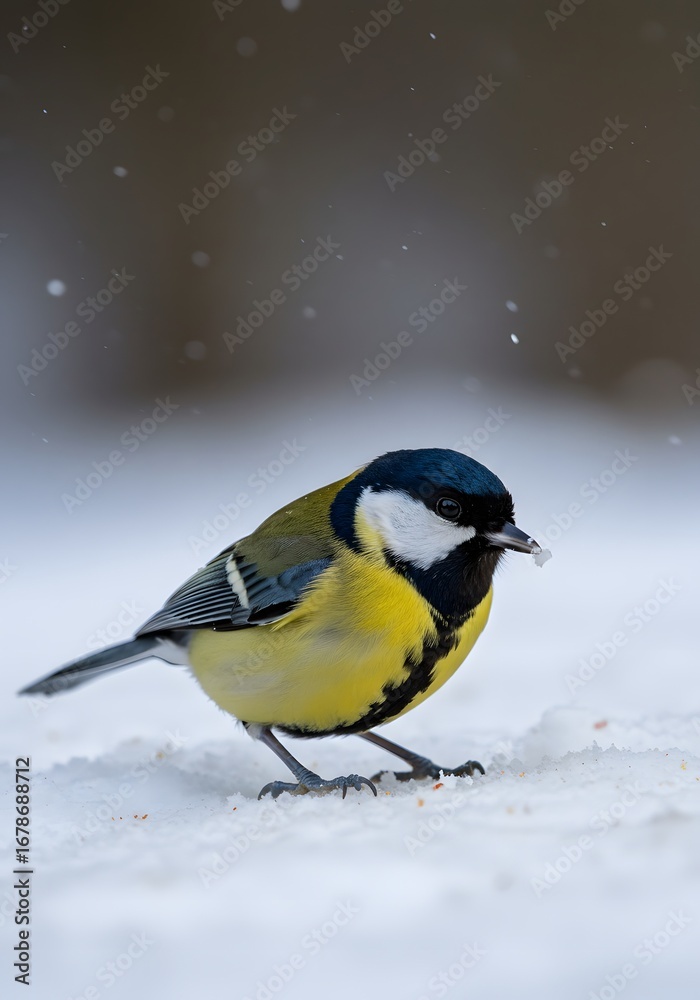 Naklejka premium Great Tit on Snow During Winter Season