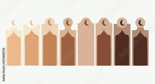 A row of prayer rugs in varying shades of brown, each topped with a crescent moon symbol.