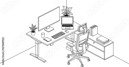 Modern ergonomic home office setup with adjustable desk and comfortable chair, promoting productivity