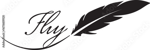 Elegant black feather with the word fly written in a flowing script on a white background