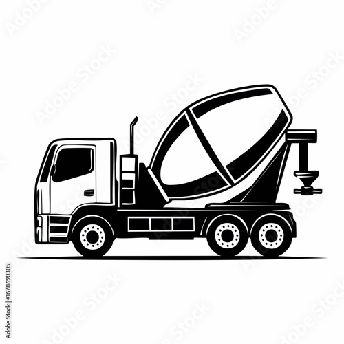 An illustrated concrete mixer truck in black and white silhouette